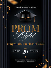 Luxury Prom Night and Graduation 2026 invitation vector template. Realistic academic cap, black curtains, falling gold confetti and elegant typography on dark background. © sergo77