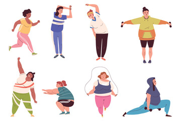 Fototapeta premium Obese woman exercises. Fat overweight women exercise yoga sport workout, plus size body positive chubby girl fitness gym training aerobic home pilates classy vector illustration