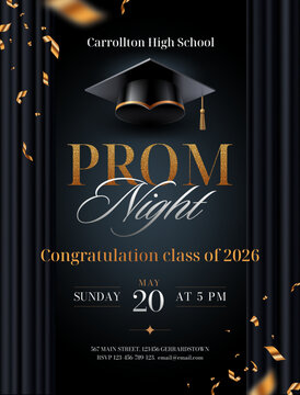 Luxury Prom Night and Graduation 2026 invitation vector template. Realistic academic cap, black curtains, falling gold confetti and elegant typography on dark background.