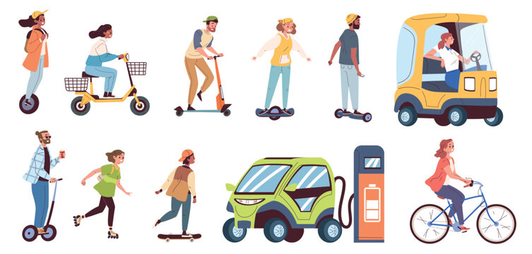 People eco transport. Man woman ride on electric car, bike scooter segway skateboard bicycle riders drivers clean energy healthy city life characters, classy vector illustration