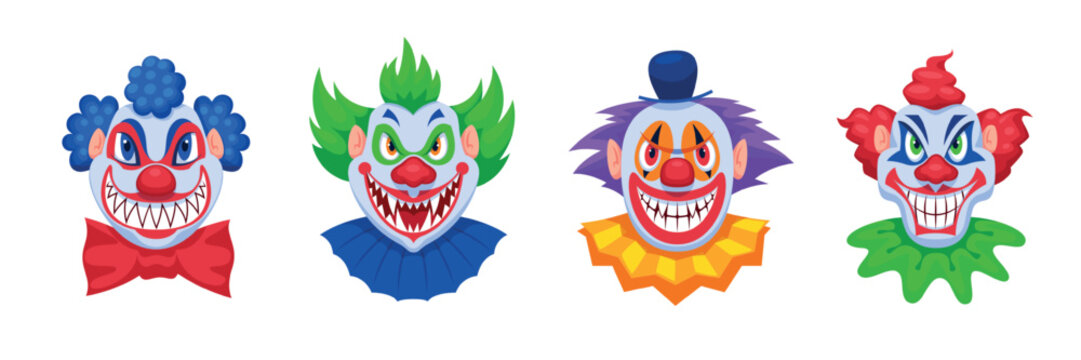 Evil clowns. Scary clown head, halloween spooky joker creepy jester horror characters killer vampire crazy smile with teeth face makeup, cartoon qualitative vector illustration