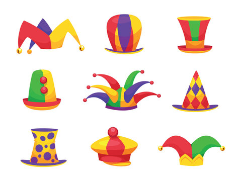 Clown hats. Carnival hat, circus jester cap harlequin crown funny buffoon costume fool silly mask crazy fun comic joke humor headwear, cartoon set qualitative vector illustration