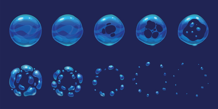 Soap bubble animation. Foam bubbles explosion, animated water ball burst sequence explode liquid sphere splash effect sprite sheet circle cartoon game ingenious vector illustration