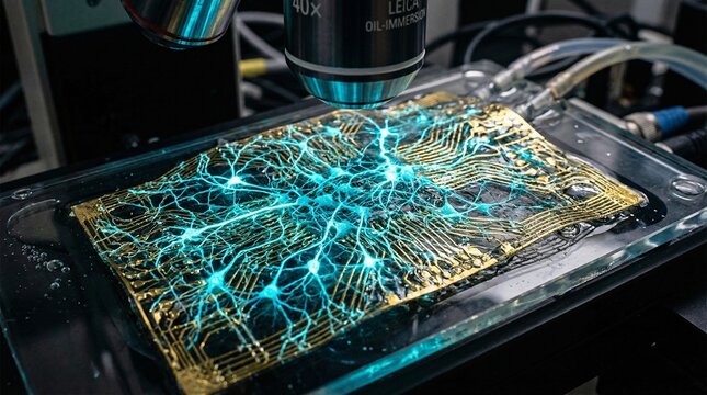 Artificial organic brain-computer interface shows living neurons grown over a flexible golden electronic mesh glowing with optogenetic stimulation.