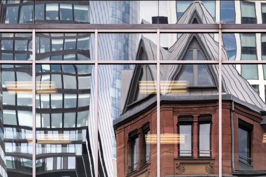 Architecture contrast in Frankfurt Bankenviertel Germany with historic facade inside modern skyscraper glass grid shaping the skyline