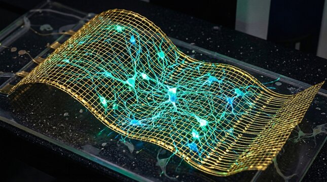 Artificial organic brain-computer interface shows living neurons grown over a flexible golden electronic mesh glowing with optogenetic stimulation.