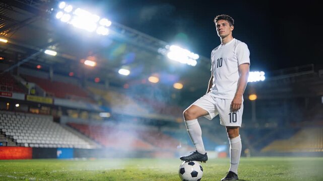 Young sportsman with ball practicing under stadium illumination
