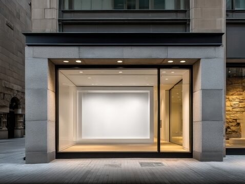 Modern Storefront with Blank Display Window Offering Commercial Space in Urban Setting for Retail Business