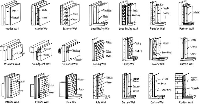 Comprehensive Diagram Illustrating Various Architectural Wall Types and Construction Details, including Interior, Exterior, Load-Bearing, Insulated, Soundproof, Cavity, and Curtain Walls