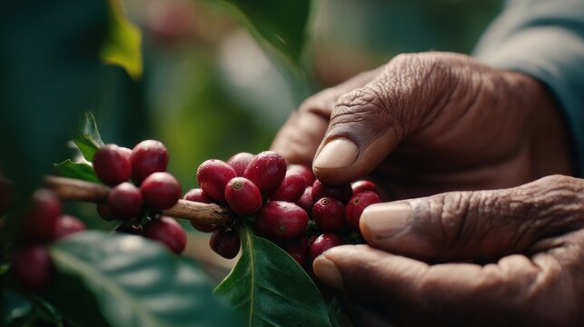 Close up of hands picking ripe coffee cherries on a branch with green leaves
