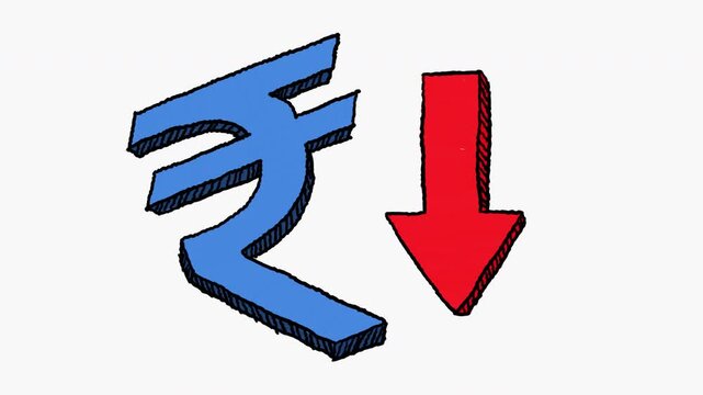 Animated video blue Indian Rupee currency symbol falling with red downward arrow sketch 4K Alpha transparent