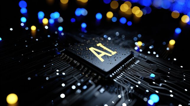 Close-up of a microchip with the letters AI illuminated, symbolizing artificial intelligence and technology.