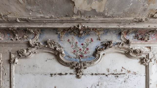 Decaying ornate plasterwork of a floral design on a weathered wall