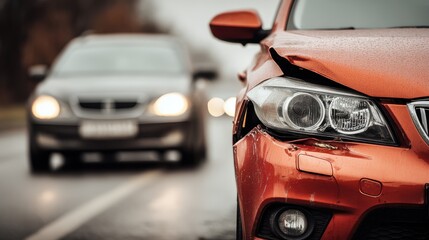 Fototapeta premium Car Accident Scene Featuring Frontal Damage and Another Vehicle in the Background on Wet Road