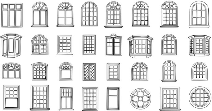 Hand-drawn architectural window frames set: A diverse collection of classic and modern designs for building and home exterior illustrations.