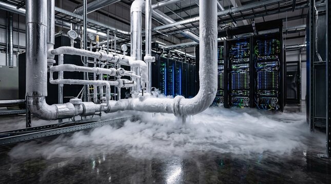 Cryogenic liquid nitrogen cooling system features heavily insulated silver pipes covered in thick white frost with mist pooling on data center floor.