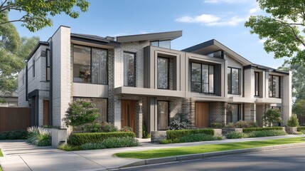 Fototapeta premium Modern Townhouses with Contemporary Facade and Lush Greenery, Ideal for Real Estate and Architectural Visualization Projects