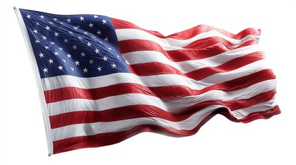 Obraz premium United States flag waving in the wind, symbol of patriotism, independence day celebration on white background