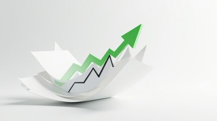 Pila de papeles con un gráfico de flecha ascendente prominente impreso en la parte superior, flotando en el aire