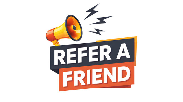 Refer a friend logo with megaphone on transparent background for marketing and promotion