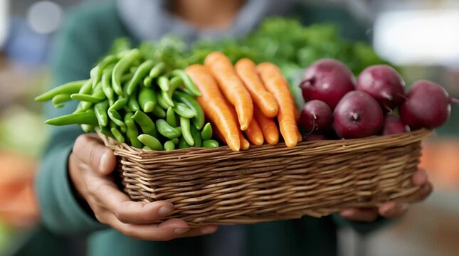 Fresh organic vegetables in wicker basket held by person including carrots beets green beans and parsley in natural market setting