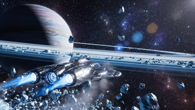 Spacecraft navigates through asteroid field near planet rings in deep space.