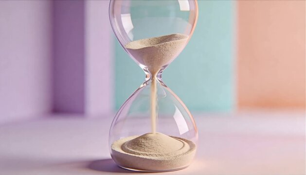 soft pastel sand pouring into glass hourglass forming zen garden pattern for stress awareness and time management concept