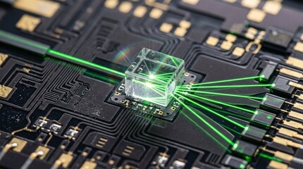 Fototapeta premium Microscopic glass prism splits a single laser beam into multiple data streams over a silicon photonic circuit within an optical computing node.