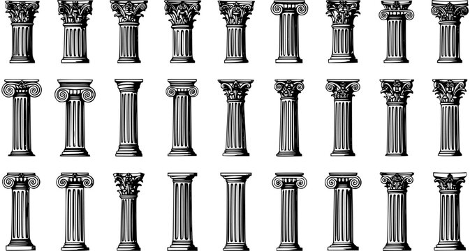 Vintage Engraved Classical Columns Collection. Black and white architectural illustrations featuring various ancient Greek and Roman orders like Doric, Ionic, Corinthian, and Composite.