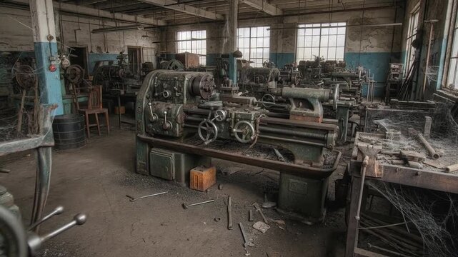 Forgotten Workshop: An abandoned workshop, filled with rows of aged machinery, stands as a testament to industrial history. Weathered structures and the lingering essence of bygone craftsmanship.