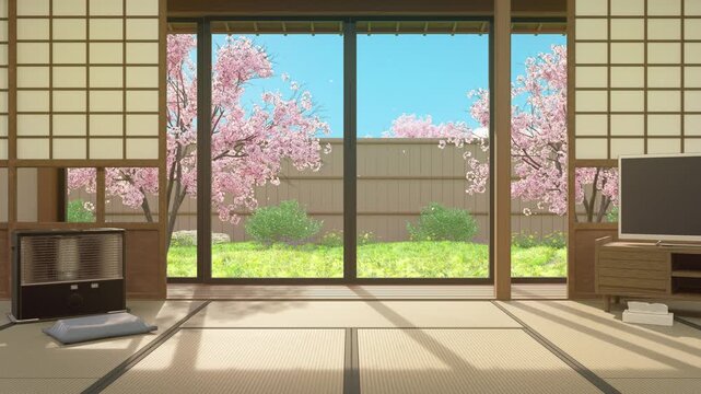 Warm Spring Japanese Room and Cherry Blossom Garden - Seamless 4K Loop