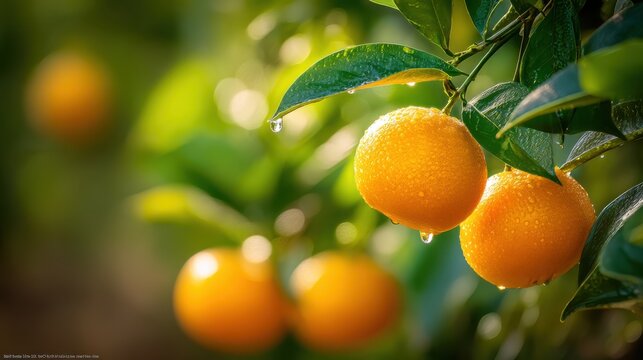 Fresh Mandarin Oranges on the Branch with Water Droplets in a Lush Green Orchard