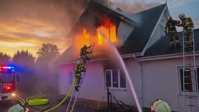 Raging Inferno and Courageous Response: Firefighters battle a raging house fire, the intense flames illuminating the scene.