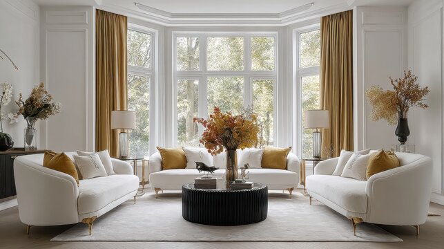 Elegant Living Room Interior with White Sofas, Bay Window, and Natural Light for Real Estate
