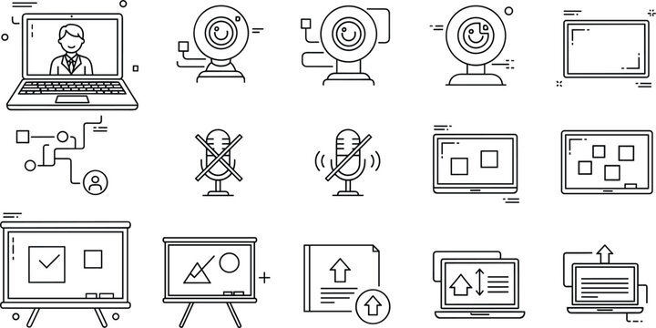 Online Meeting and Presentation Icon Set Vector Illustration Featuring Webcam Microphone Laptop Screen and Digital Communication Elements Outline Style