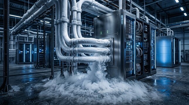 Gigawatt power delivery node shows thick frost-covered superconducting busbars entering a sleek metallic server rack with cryogenic vapor spilling.