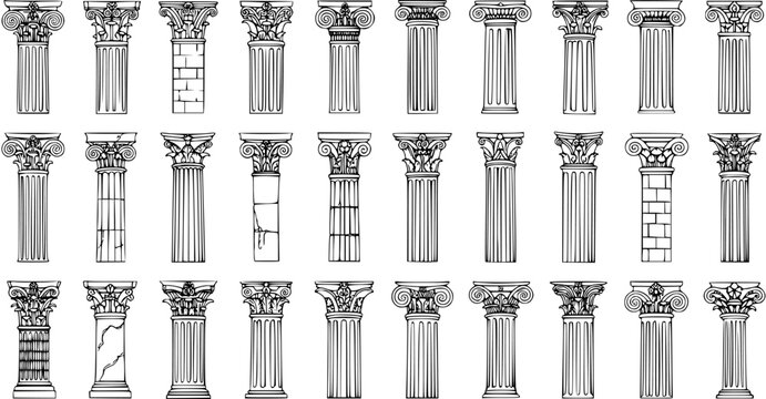 Detailed Sketch Collection of Ancient Architectural Columns and Pillars - Classic Greek and Roman Orders, Hand-Drawn Line Art Set for Design Elements