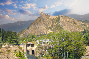 Hydropower Station on Kura River with Caucasus Mountain. Dam Near Mtskheta city in Georgia © artmim