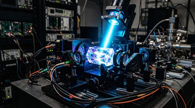 Holographic memory crystal undergoes rewrite process via intense burst of ultraviolet light erasing data layers surrounded by optical lenses.