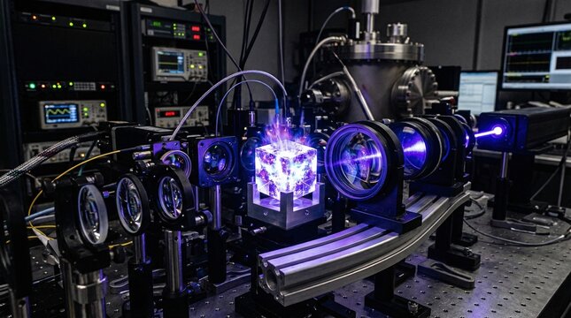 Holographic memory crystal undergoes rewrite process via intense burst of ultraviolet light erasing data layers surrounded by optical lenses.