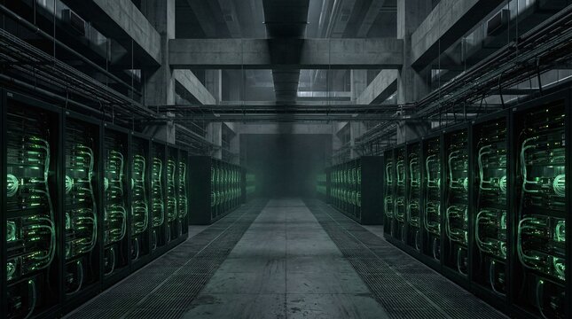 Dark hyperscale data hall contains rows of liquid-cooled server racks emitting a faint bioluminescent green glow in brutalist architecture.