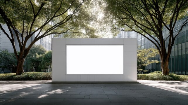 Blank Billboard Mockup in Urban Park Setting, Surrounded by Lush Green Trees, Ideal for Advertising