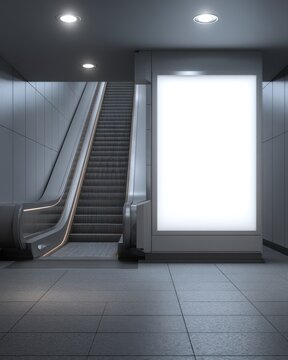 Blank Billboard Mockup Next to Escalator in a Subway Station for Advertising and Marketing Campaigns