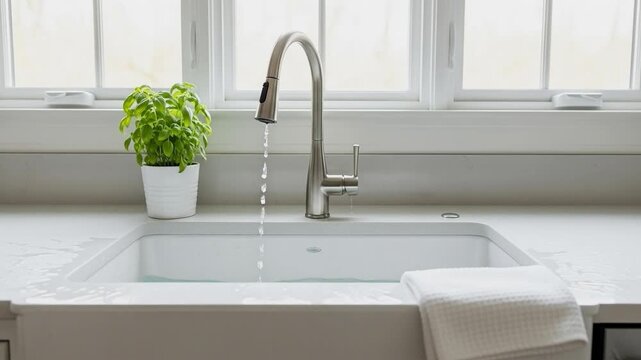 Kitchen Serenity: A modern kitchen setting, the faucet is flowing water into the sink. A beautiful plant on the countertop adds a fresh atmosphere.