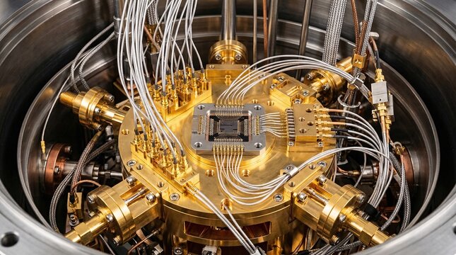 Inside a dilution refrigerator, the lowest stage of a quantum computer operates at milli-Kelvin with gold components and microwave cables.