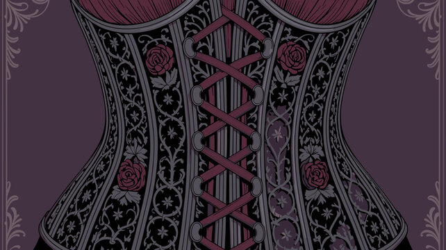 Ornate black iron lace corset vector - Perfect for alternative apparel branding, tattoo art, or vintage gothic design.