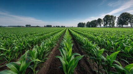 Lush Green Cornfield Under a Bright Blue Sky: Agriculture, Farming, and Sustainable Food Production