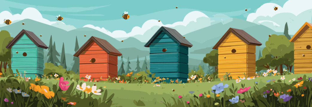 Apiary landscape. Bee hive farm meadow cartoon background, bumble bees garden wooden house summer spring nature honey flower countryside outdoor insect vector illustration