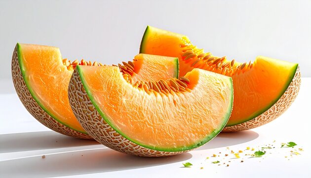 Slices of Cantaloupe Melon on a White Surface.