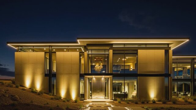 Modern Home Illuminated at Night: An elegant modern residence stands illuminated against the twilight sky, showcasing contemporary architecture and sophisticated design.